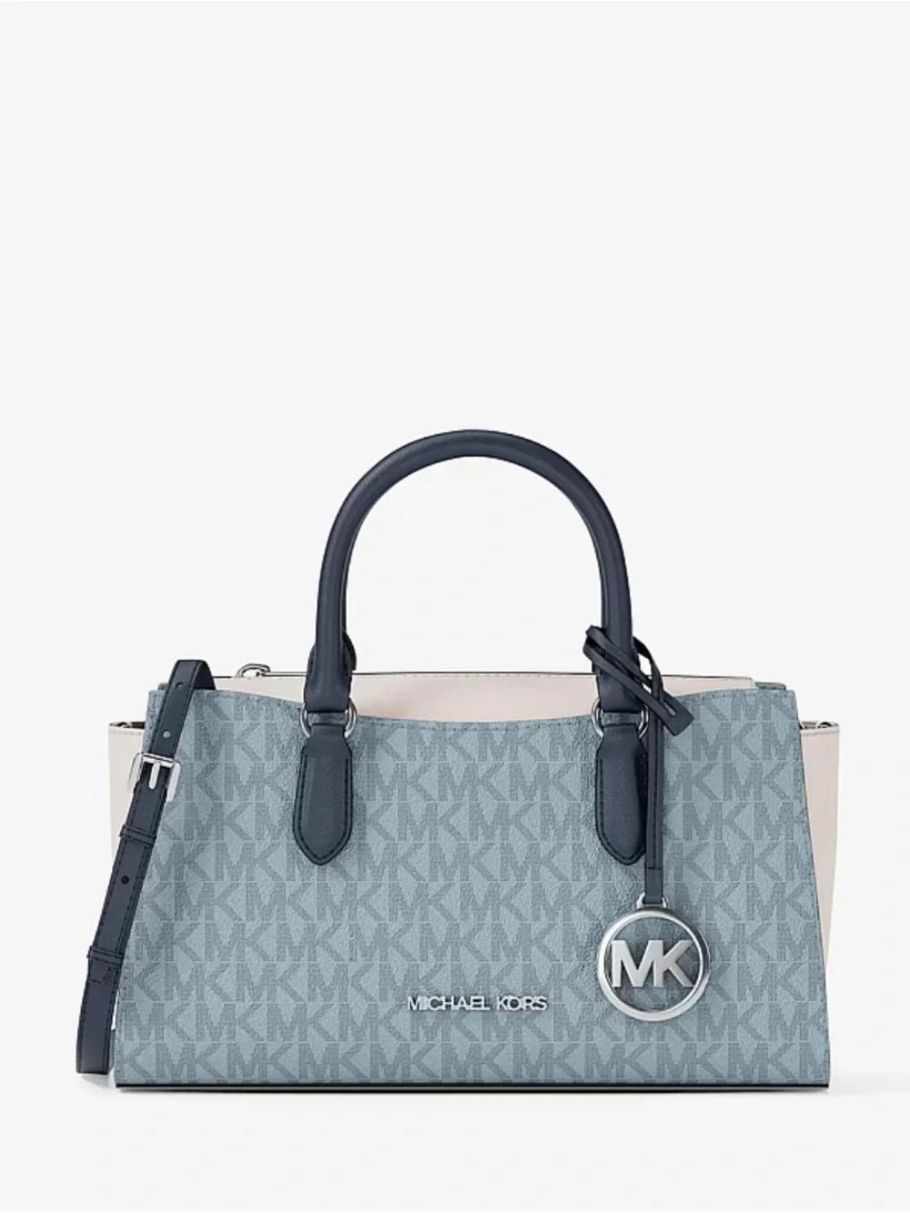 Michael Kors Light Blue Signature Satchel Crossbody with Navy Trim